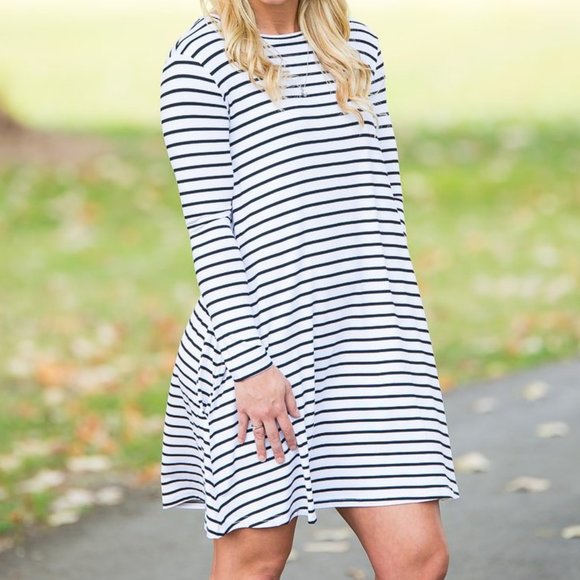 Piko 1988 Dresses & Skirts - Piko Long Sleeve Navy and White Stripe Swing Dress